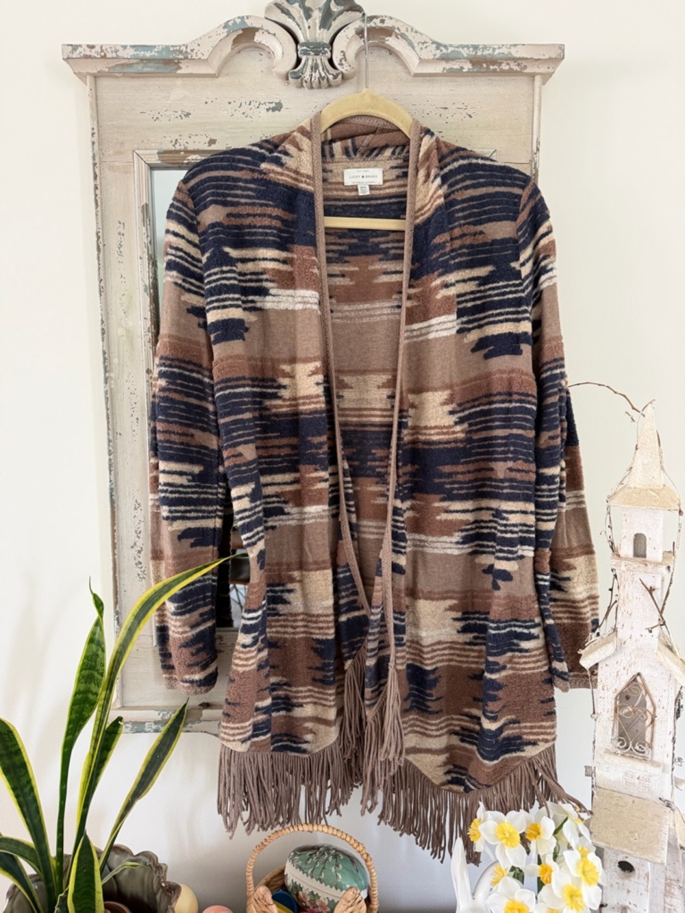 Lucky Brand M Striped Open-Front Cardigan in Brown, Navy & Cream